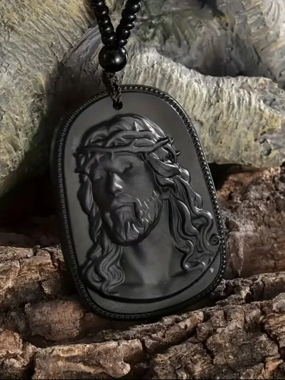 Black Jesus Pendant Beaded Resin Necklace